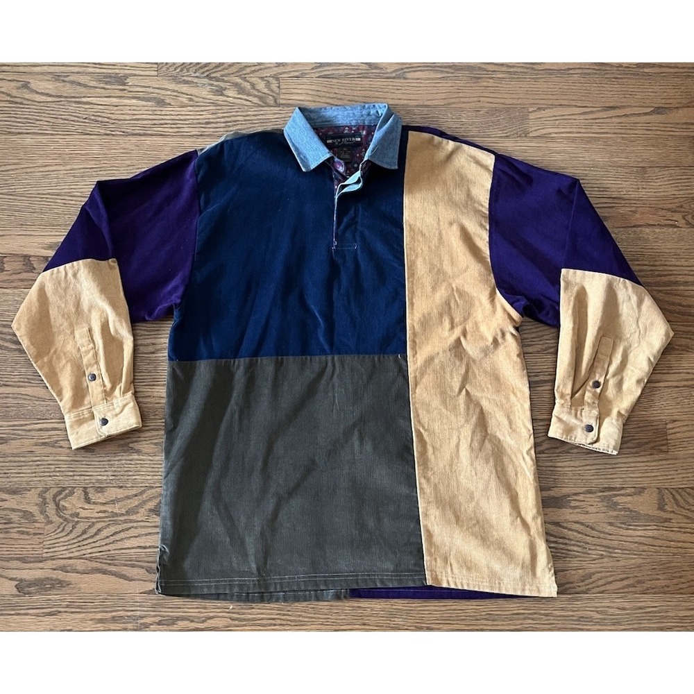 Vintage New River Renaissance Colorblock Corduroy Tee Men's XL Denim‎ Collar LS